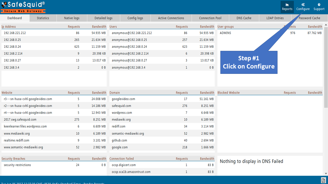 click on configure in safesquid interface