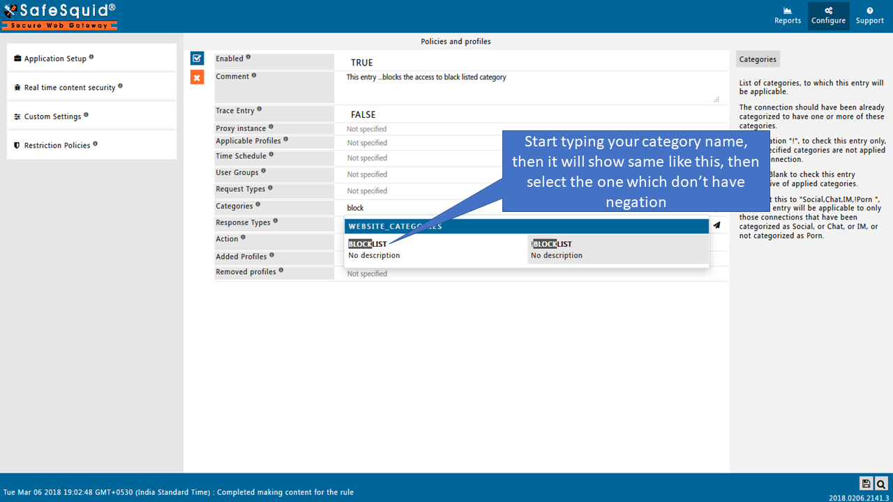 Type category name and select which category which to block or allow the existing categories