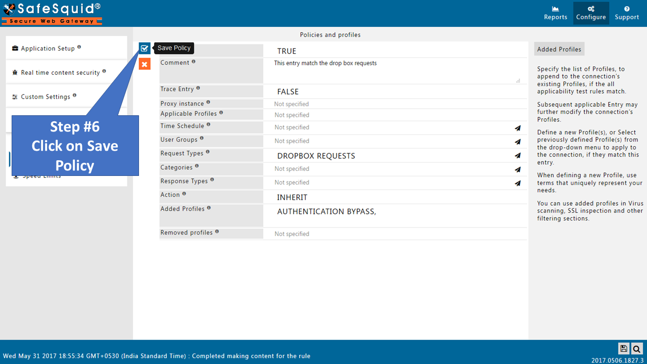 clicking on save policy to save the policy