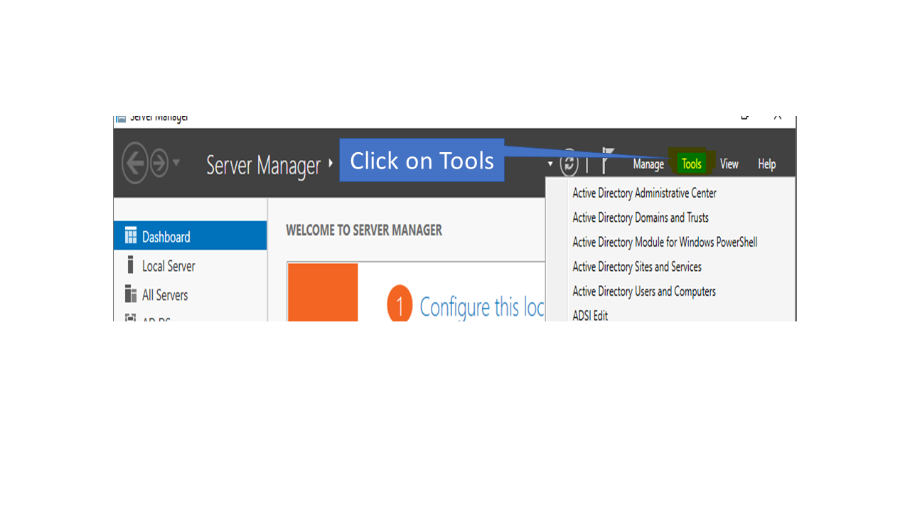 Select Tools option in sever manager to configure the DNS settings for Kerberos SSO Authentication Setup