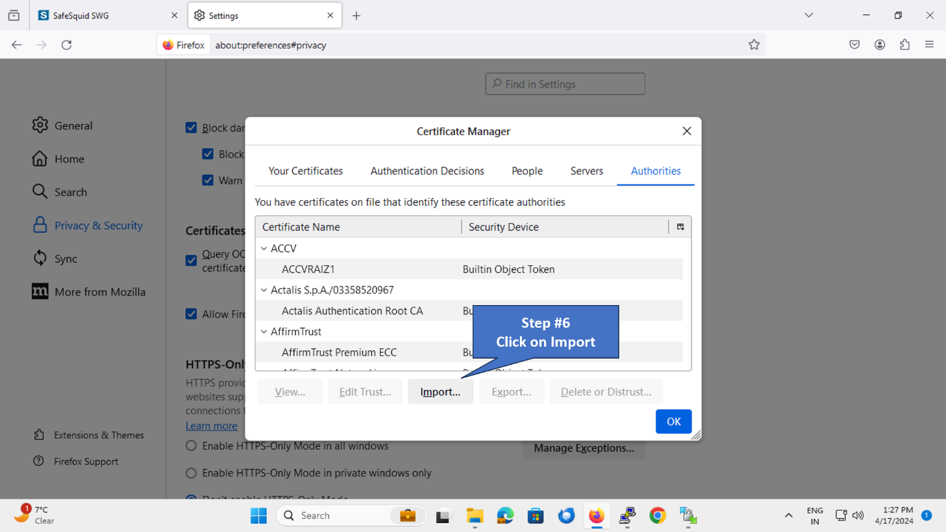 clicking on import in certificate manager