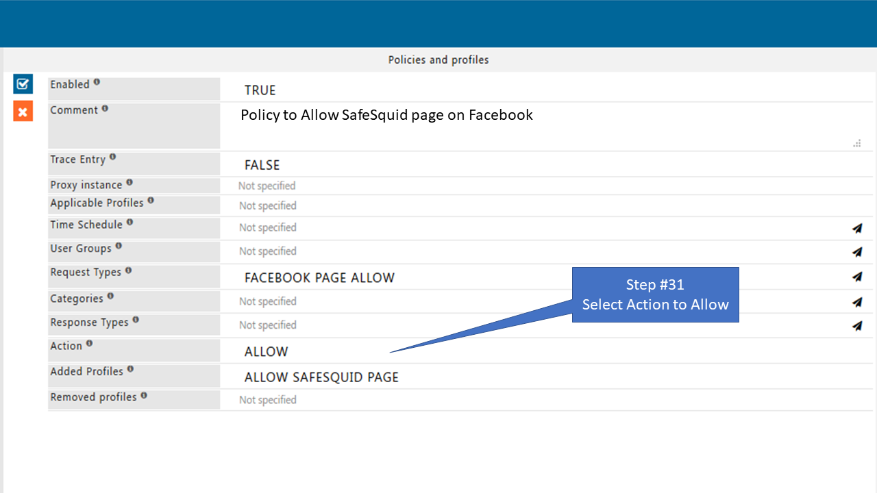 Select Action allow in  the policy that allow only specific page of Facebook 