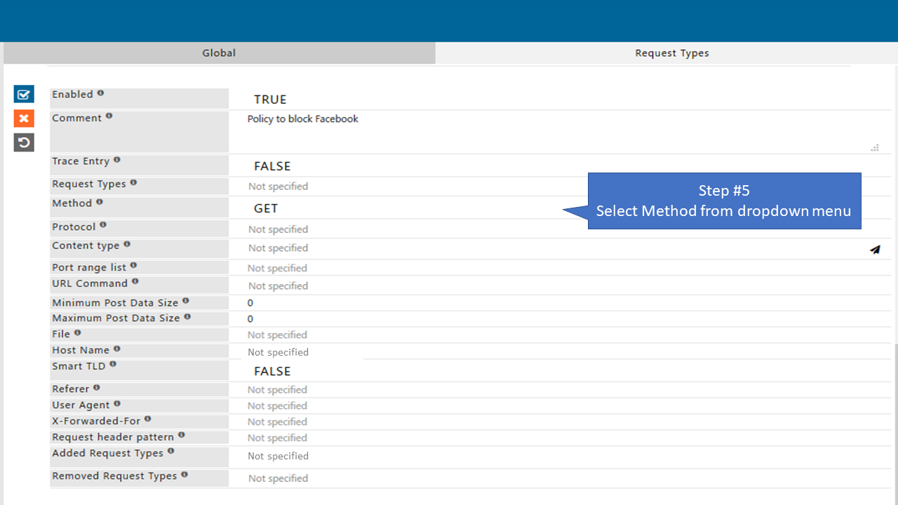 Select method of the newly added policy that allow only specific page of Facebook 