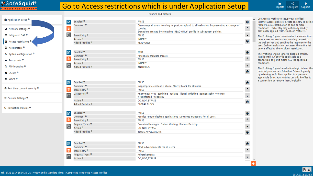 Going to access restrictions section under application setup