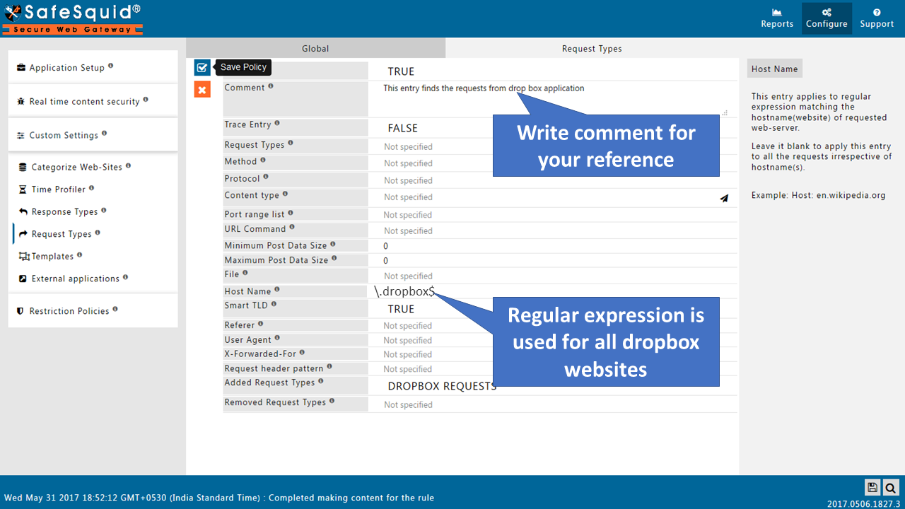 writing comment for reference and entering regular expression of dropbox as an example to match all the dropbox websites