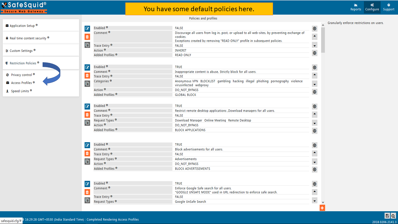 showing of default policies in access profiles