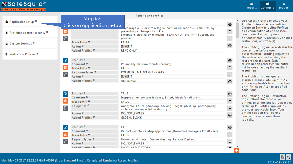 clicking on application setup