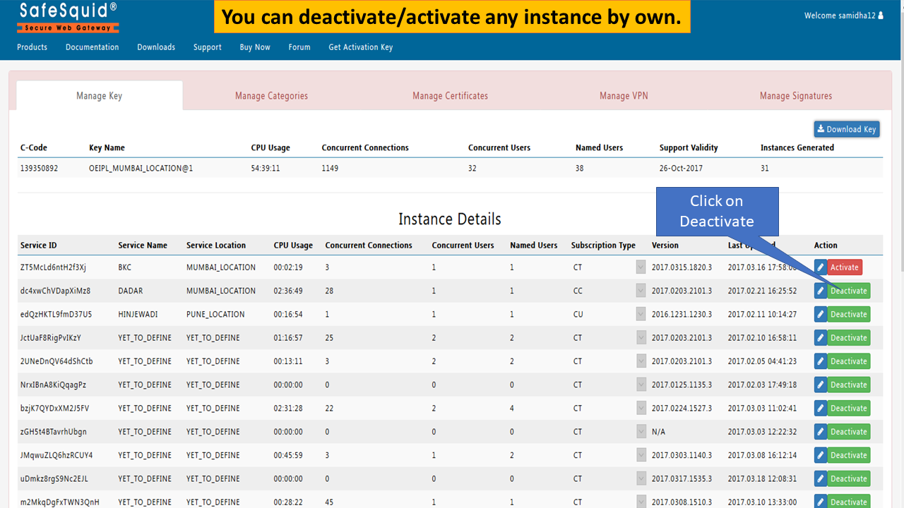 Activate or deactivate Activation key from Self Service Portal 