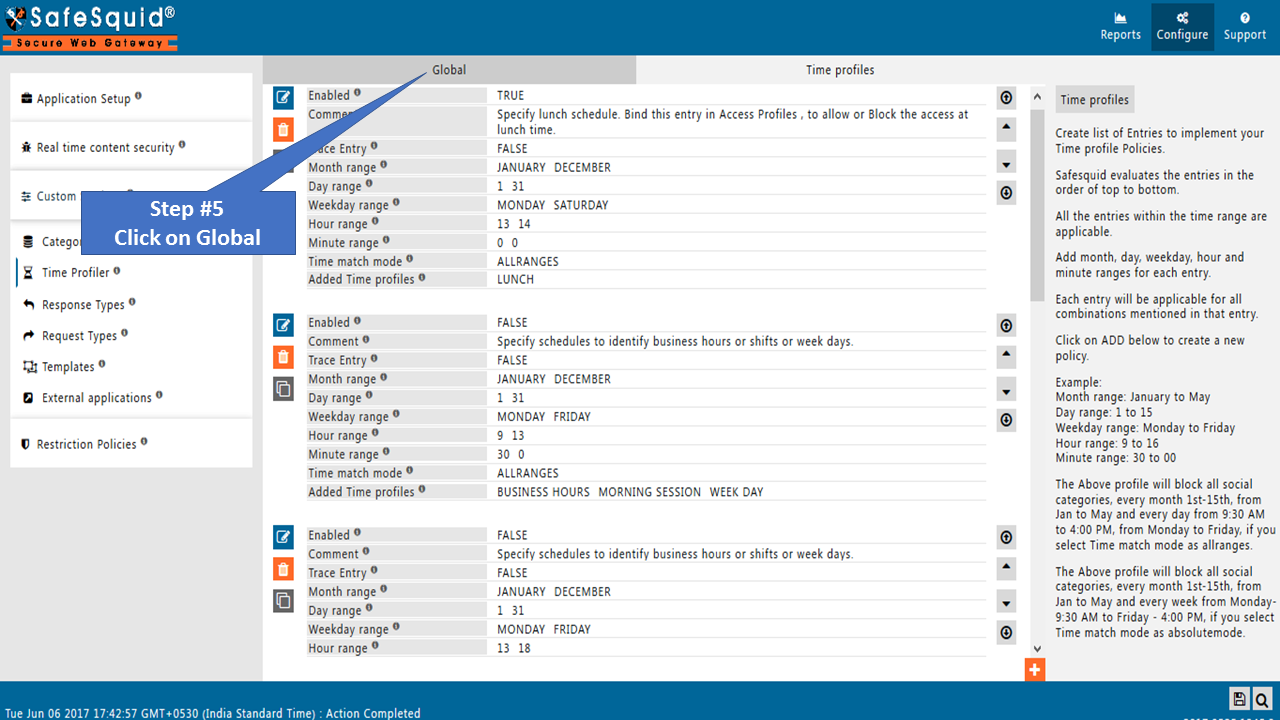 Global part of Time Profiler Section is Enabled with TRUE to allow social networking sites in lunch hours