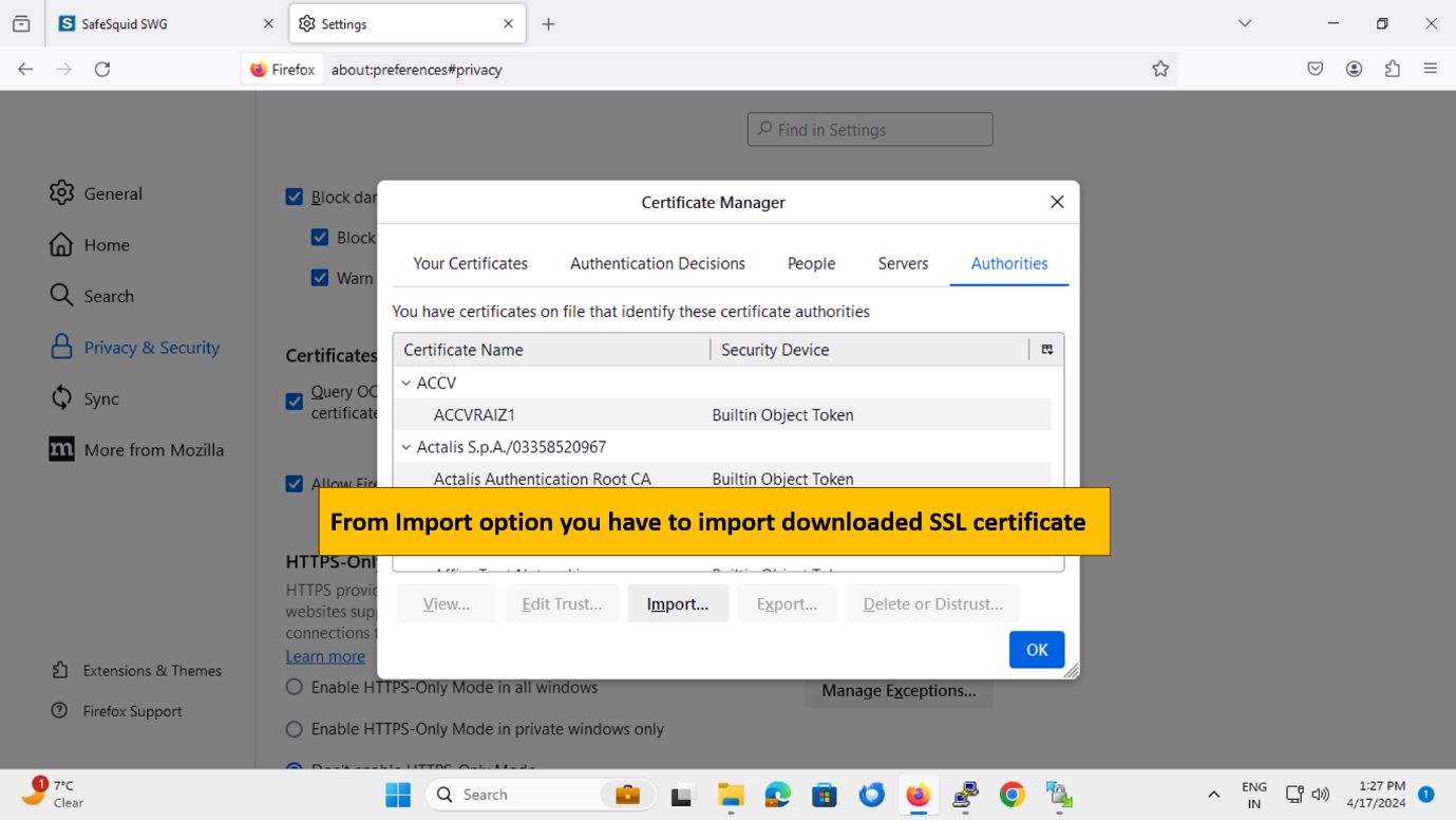 showing certificate manager