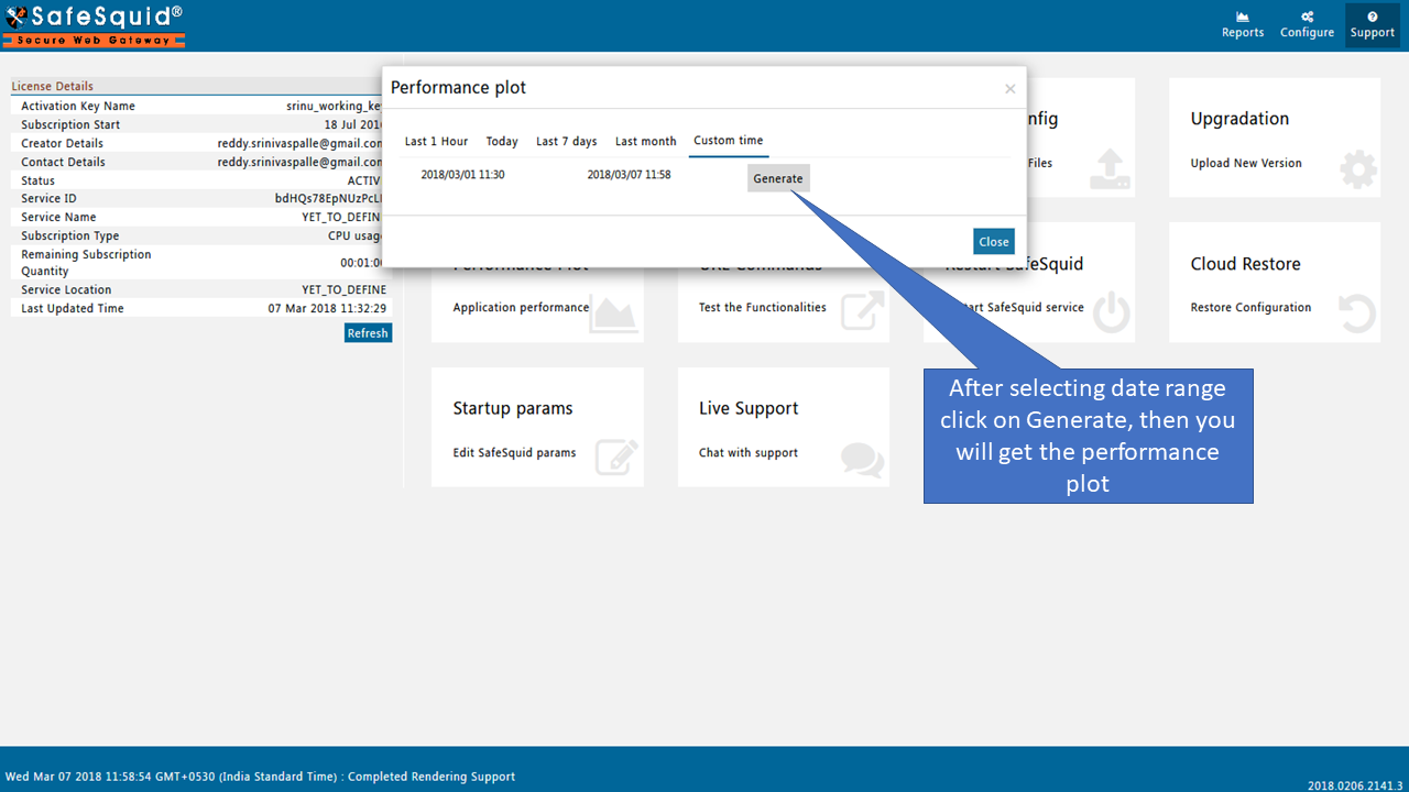 Select Generate option to Generate Performance Plot from SafeSquid User Interaface