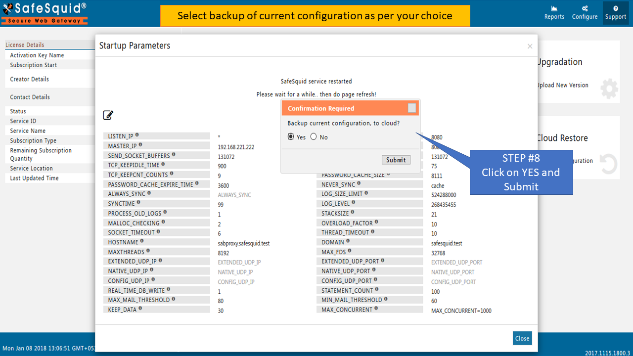 clicking on yes for backup current configuration to cloud