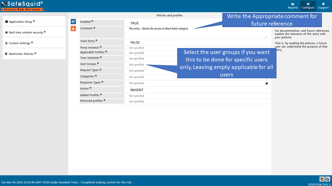 edit policies entry to add to block or allow the existing categories