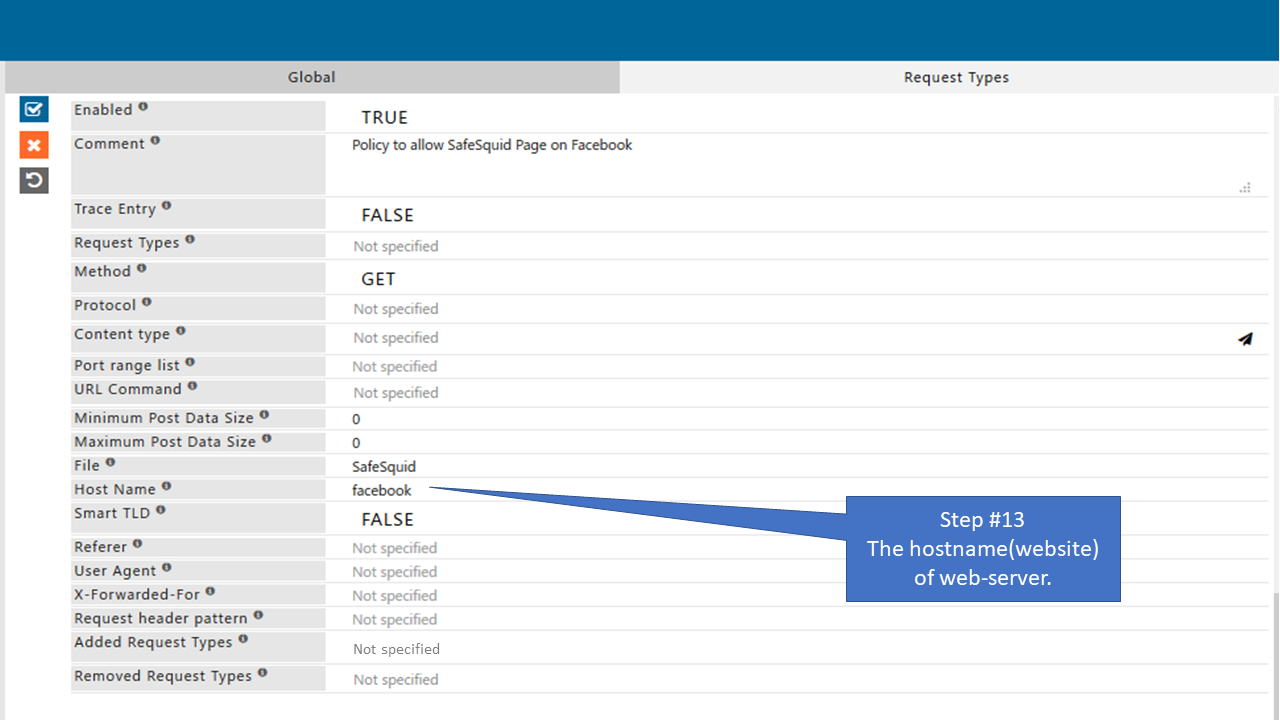 Enter hostname of webserver in policy that allow only specific page of Facebook