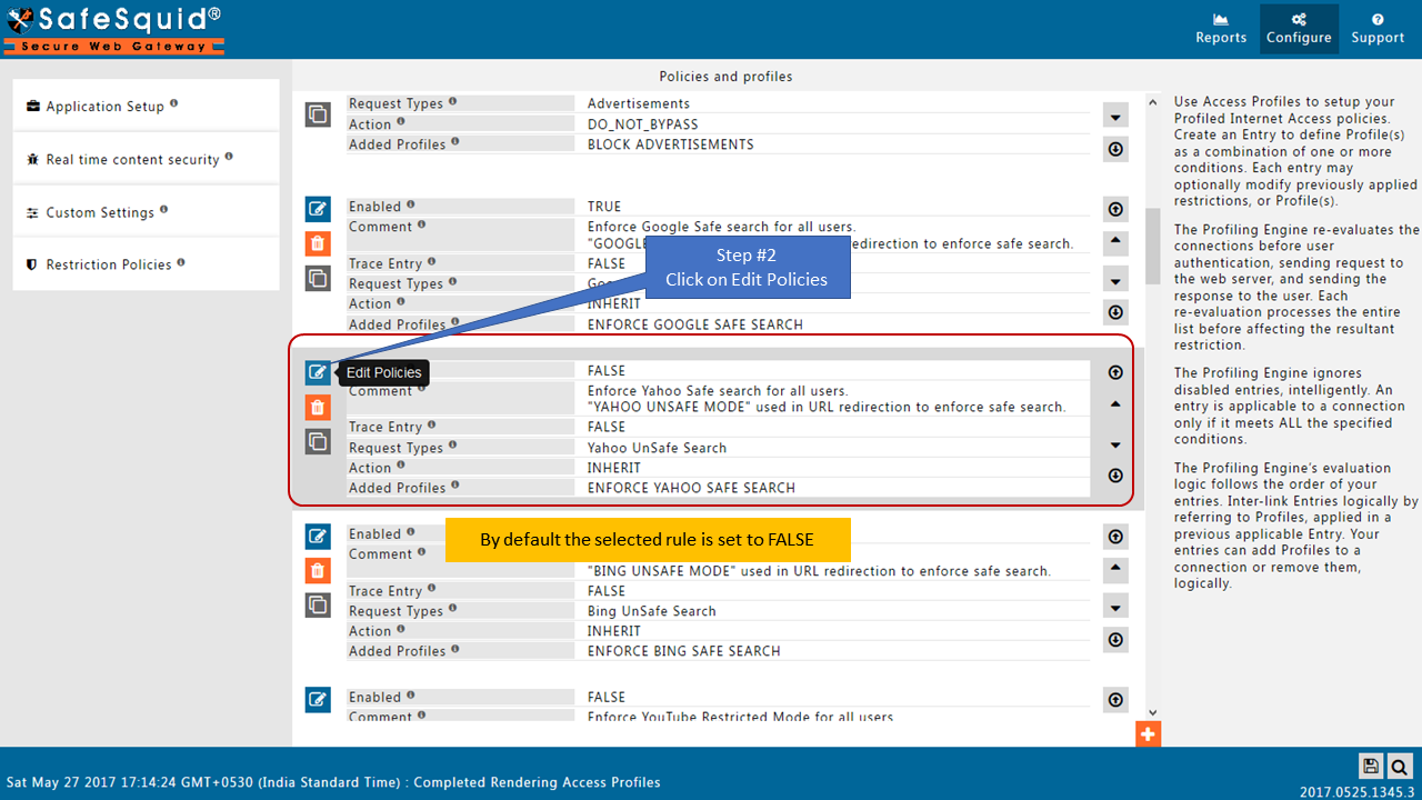 clicking on edit policies to edit the default policy