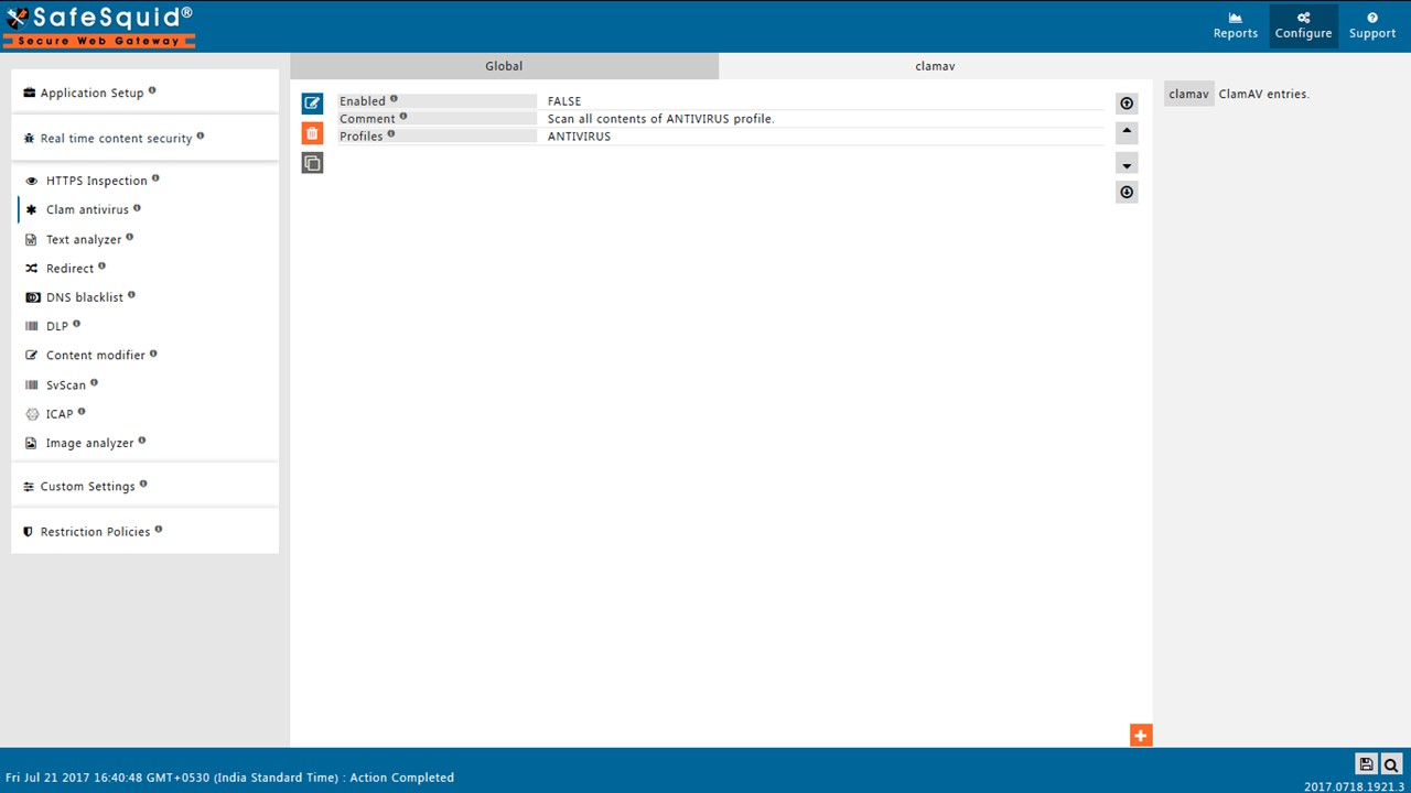 Select clamav subsection to configure the policy