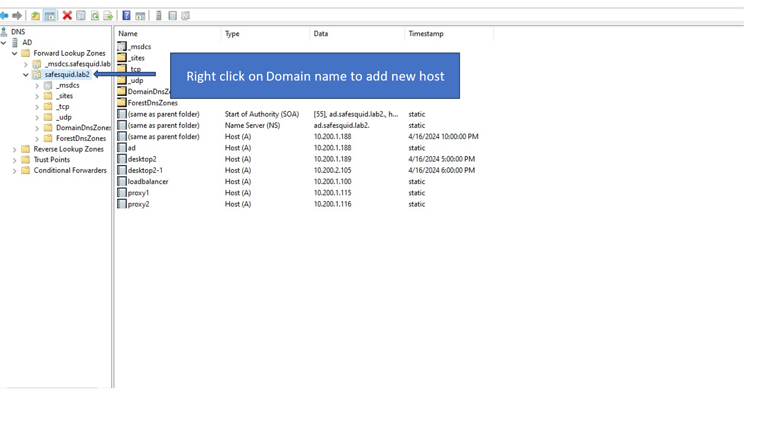 Select Domain name to add host to add safesquid server DNS entry in Active Directory