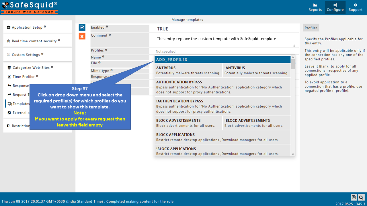 In profiles, selecting the required profile in the drop down menu