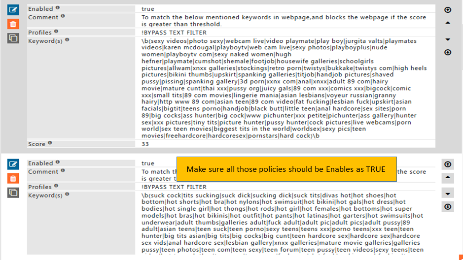 Enabled all Filtering policies True to block inappropriate content by using text analysis.