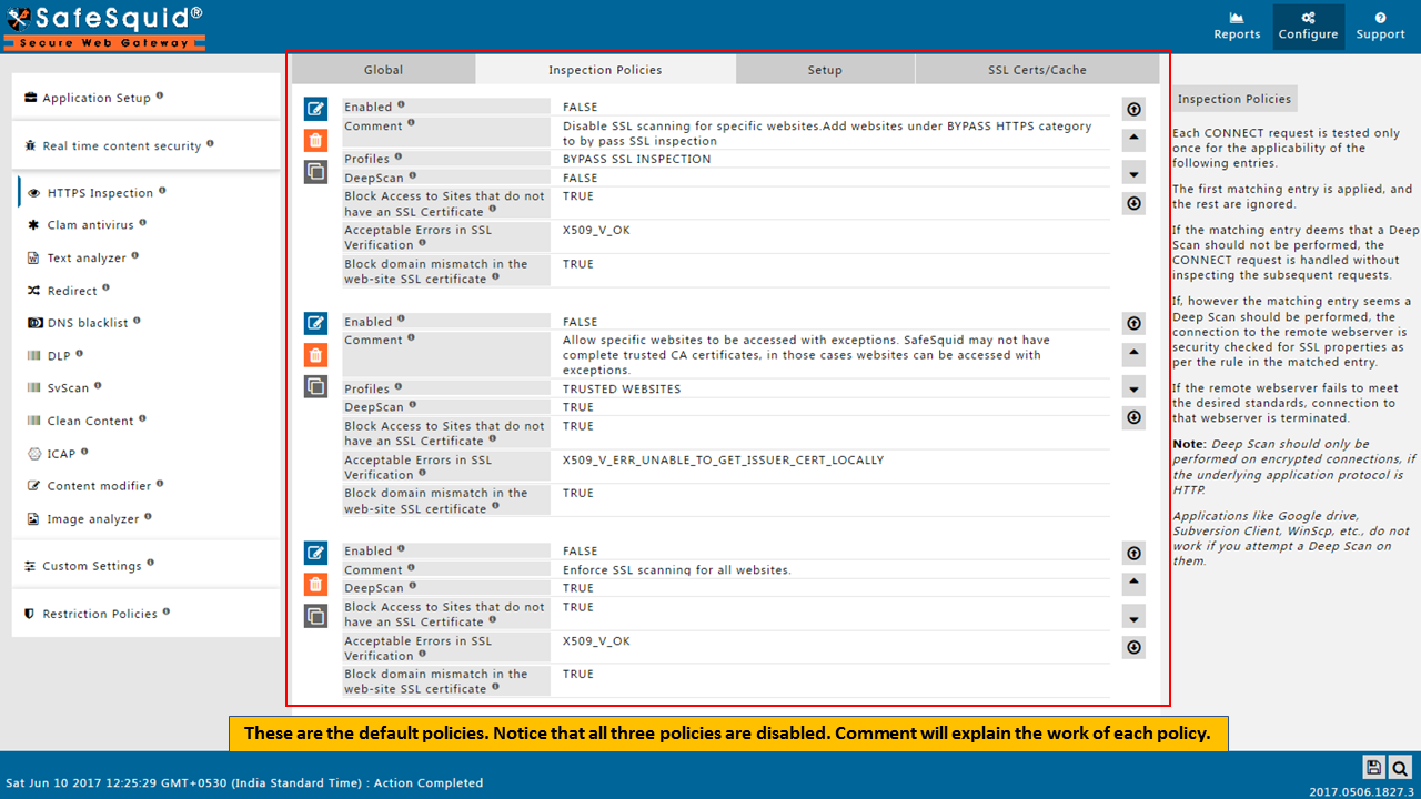 showing of default policies in Inspection policies tab