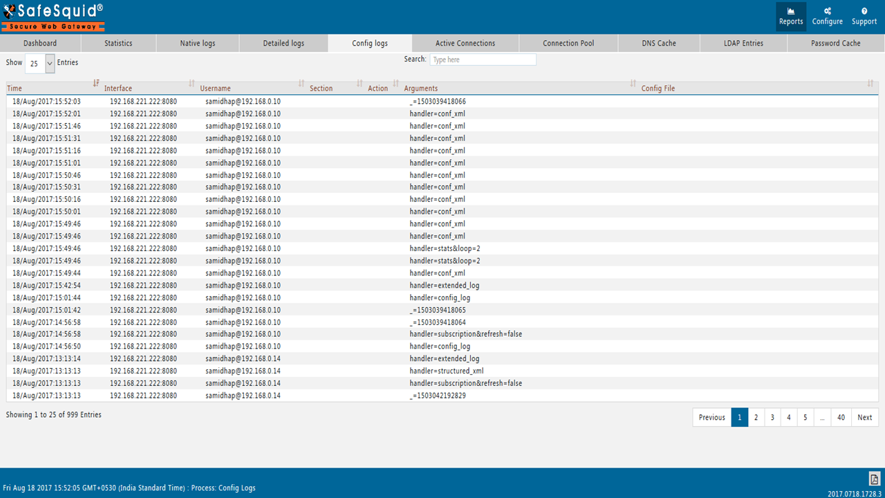 Configuration logs of safesquid 