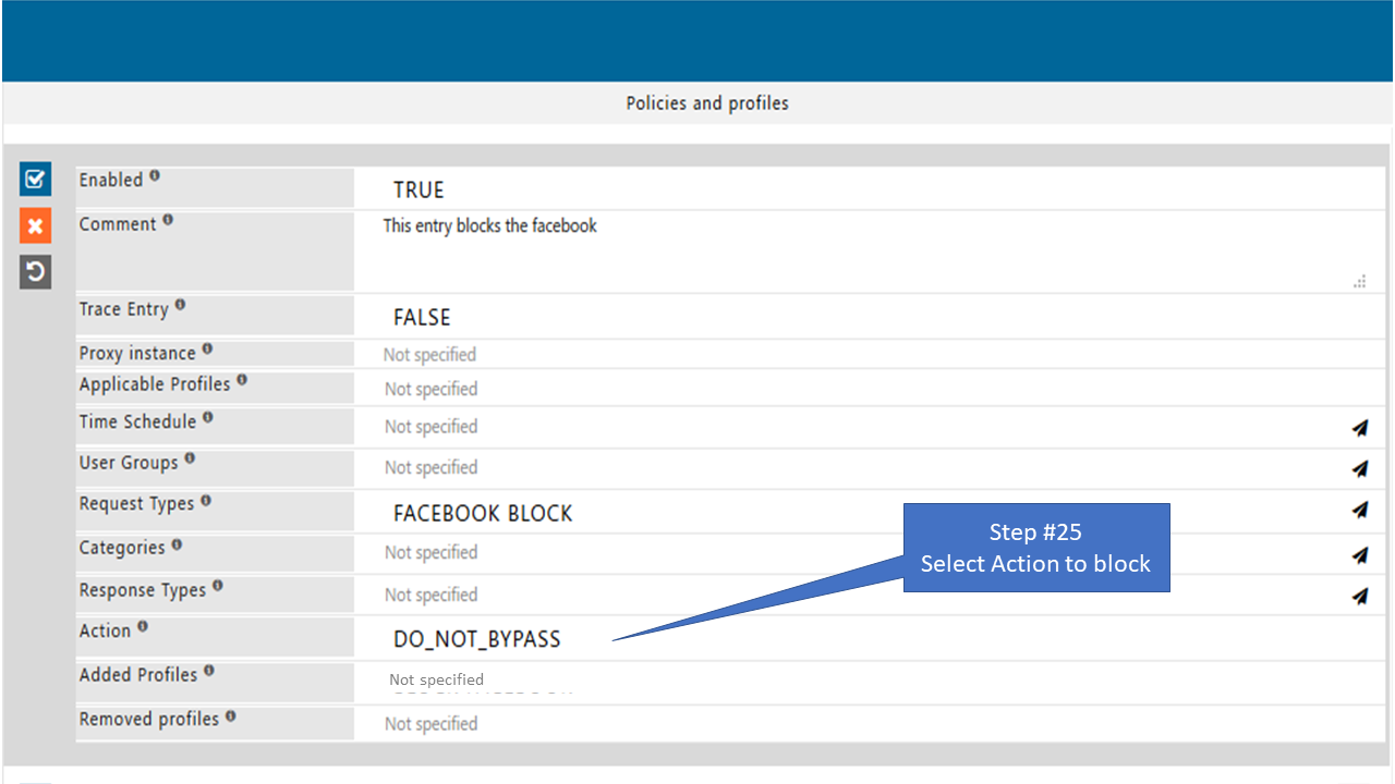 Select Action block in  the policy that allow only specific page of Facebook 