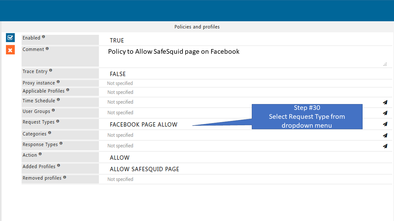 Select request type in the policy that allow only specific page of Facebook 