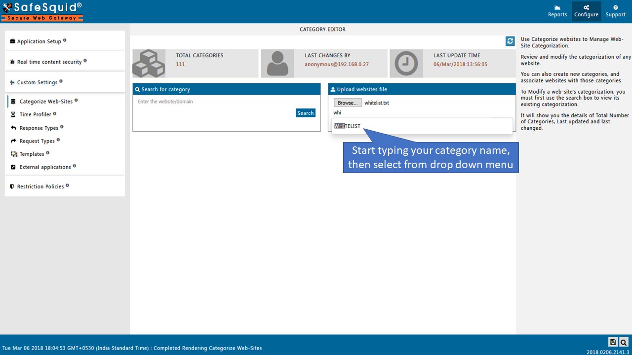 categories  uploaded  a text file of a custom web categorization by typing category name