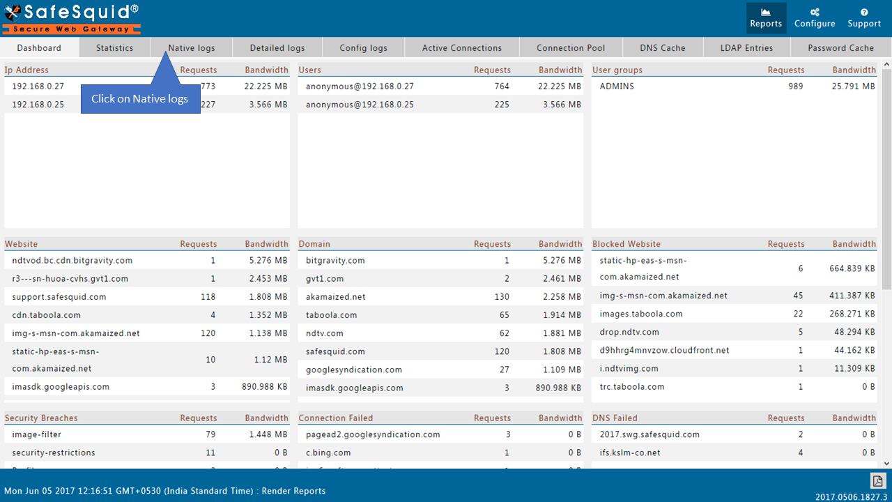 analyzing the safesquid logs by clicking on native logs in safesquid dashboard