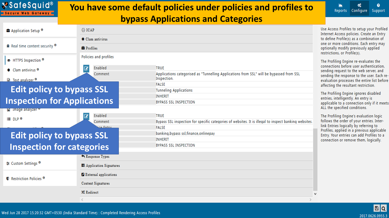 editing the default policies to bypass ssl inspection for applications and categories