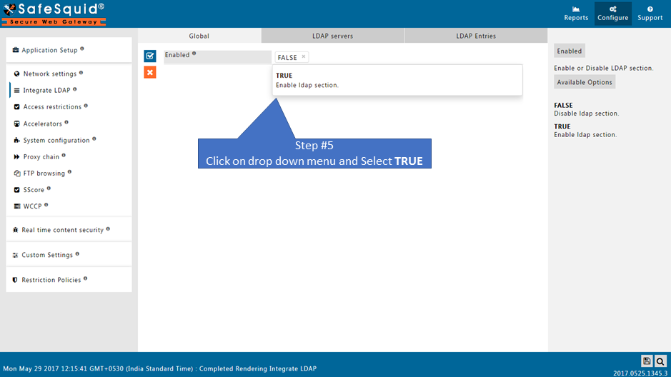 Enable global section as True in Integrate LDAP section to integrate OpenLDAP with safesquid