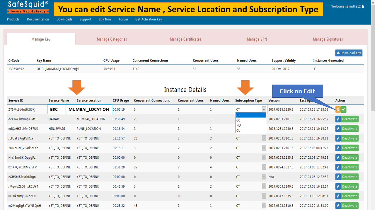 Edit service name, service location and subscription type from Self Service Portal 