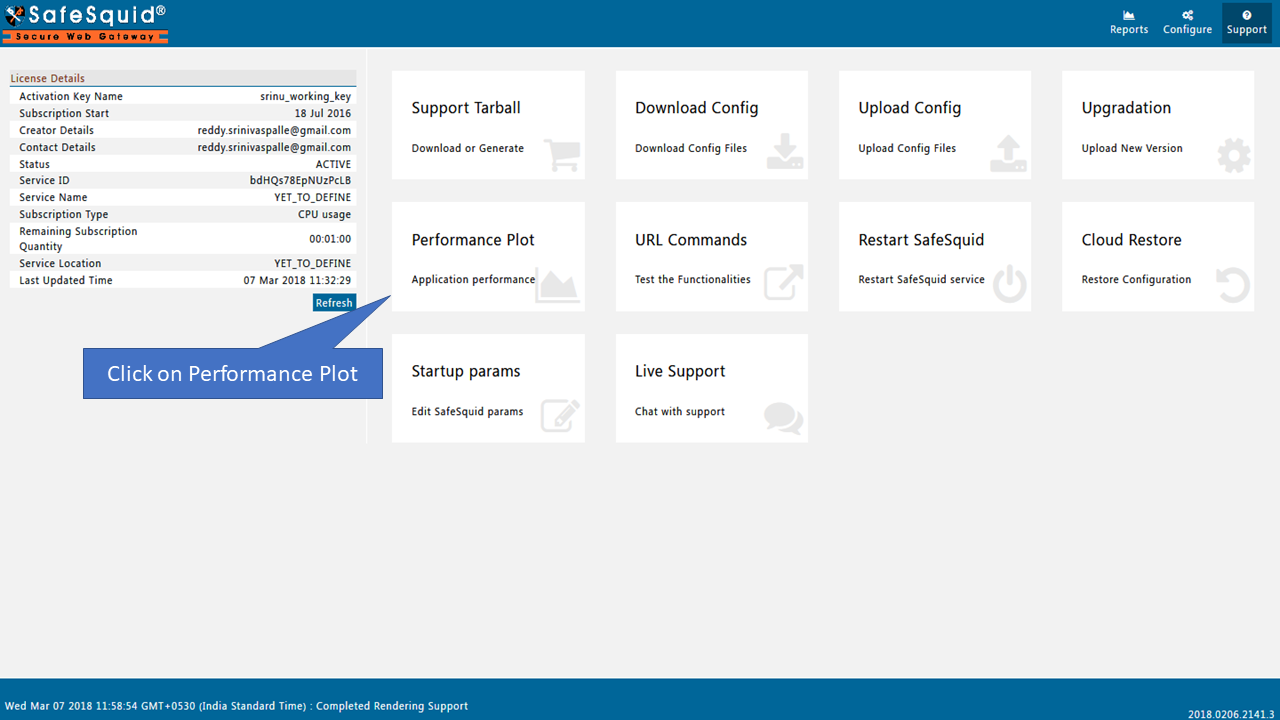 Select Support to Generate Performance Plot from SafeSquid User Interaface