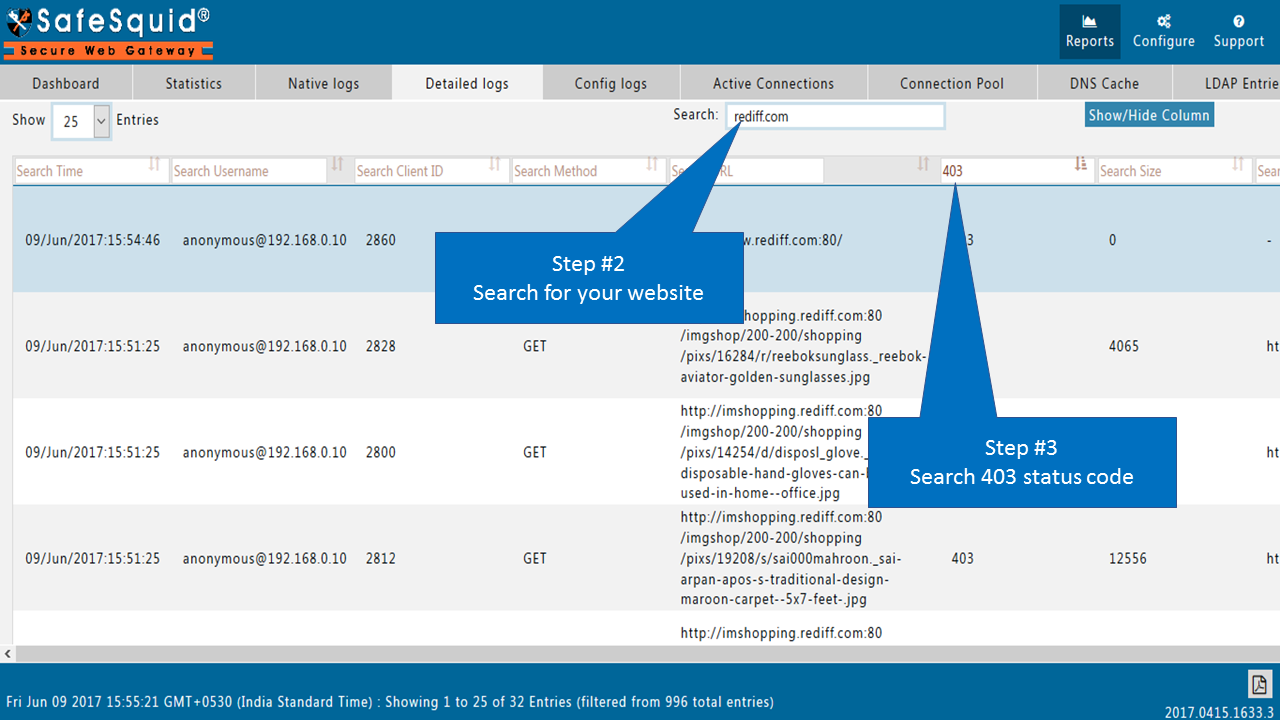 Search for your blocked website to Identify the filter name using SafeSquid Detailed logs from the interface