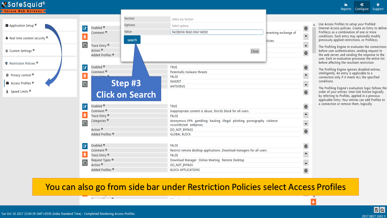 Search 'FACEBOOK READ ONLY MODE' in access profiles under restriction policies 