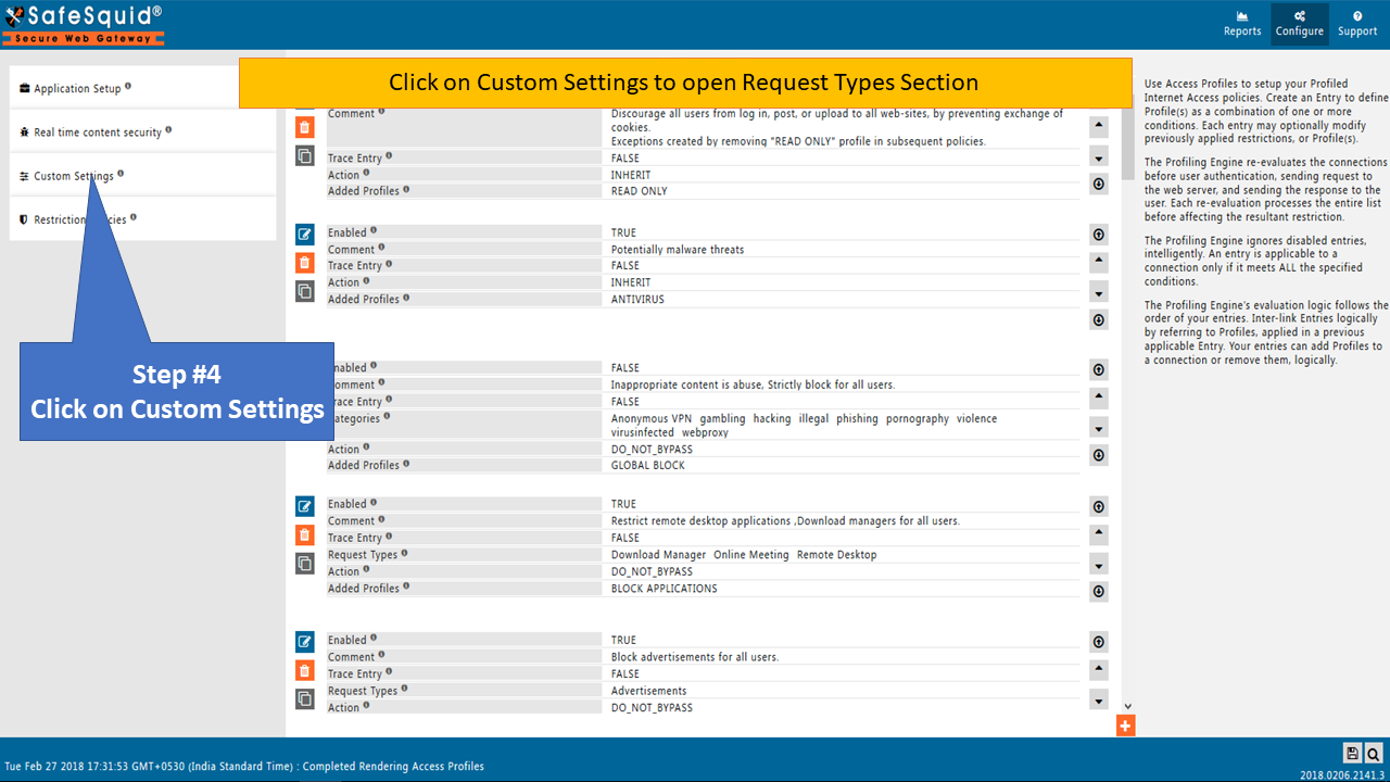 Select custom setting to open Request types section under safesquid web interface to block specific YouTube channel