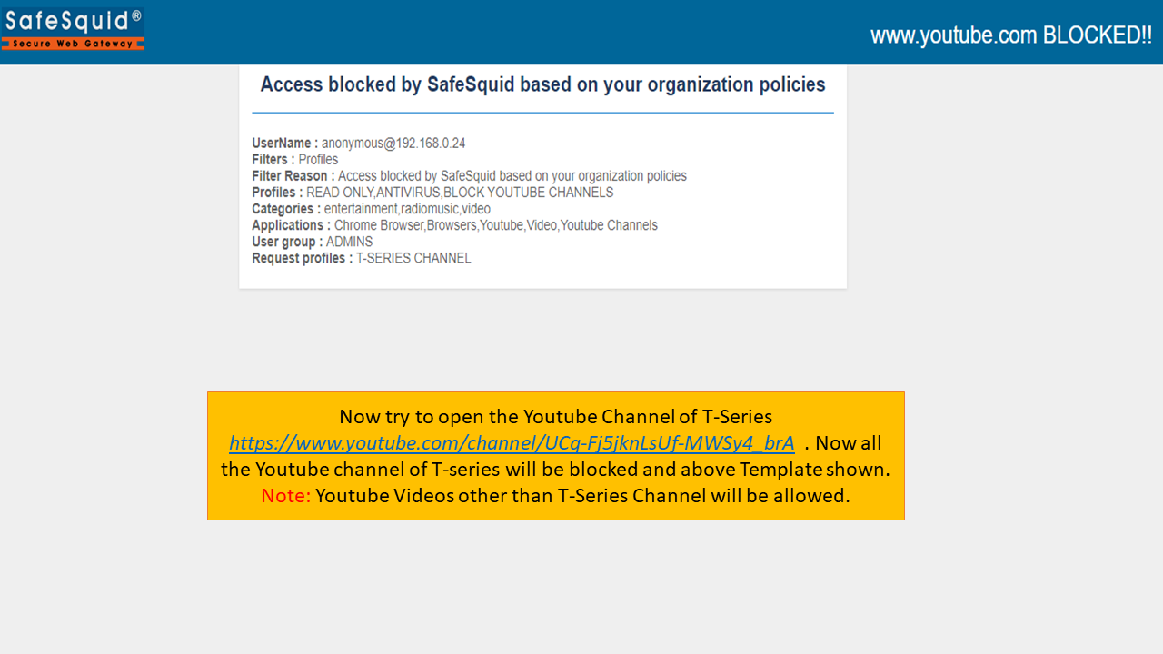 Test result of  the YouTube Channel Blocked