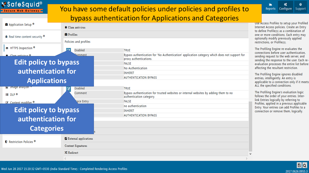 edit policy to bypass authentication for applications and for categories