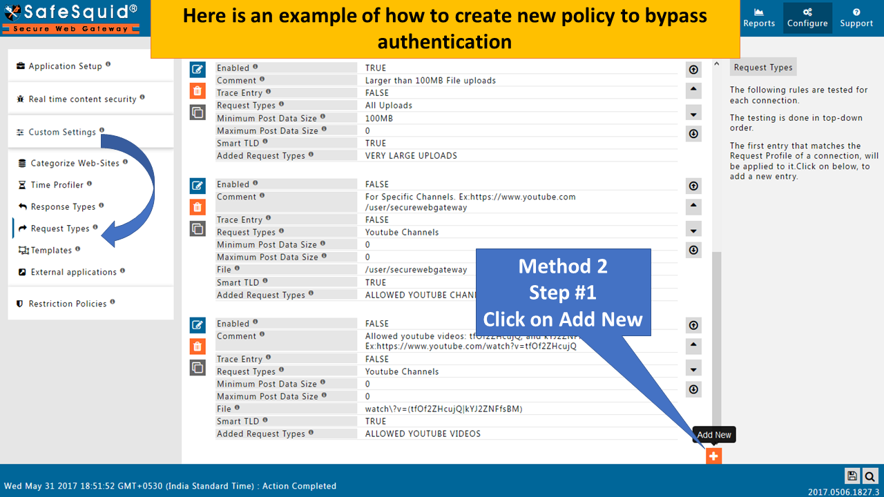 cliking on add new to create a new policy as an example to bypass authentication