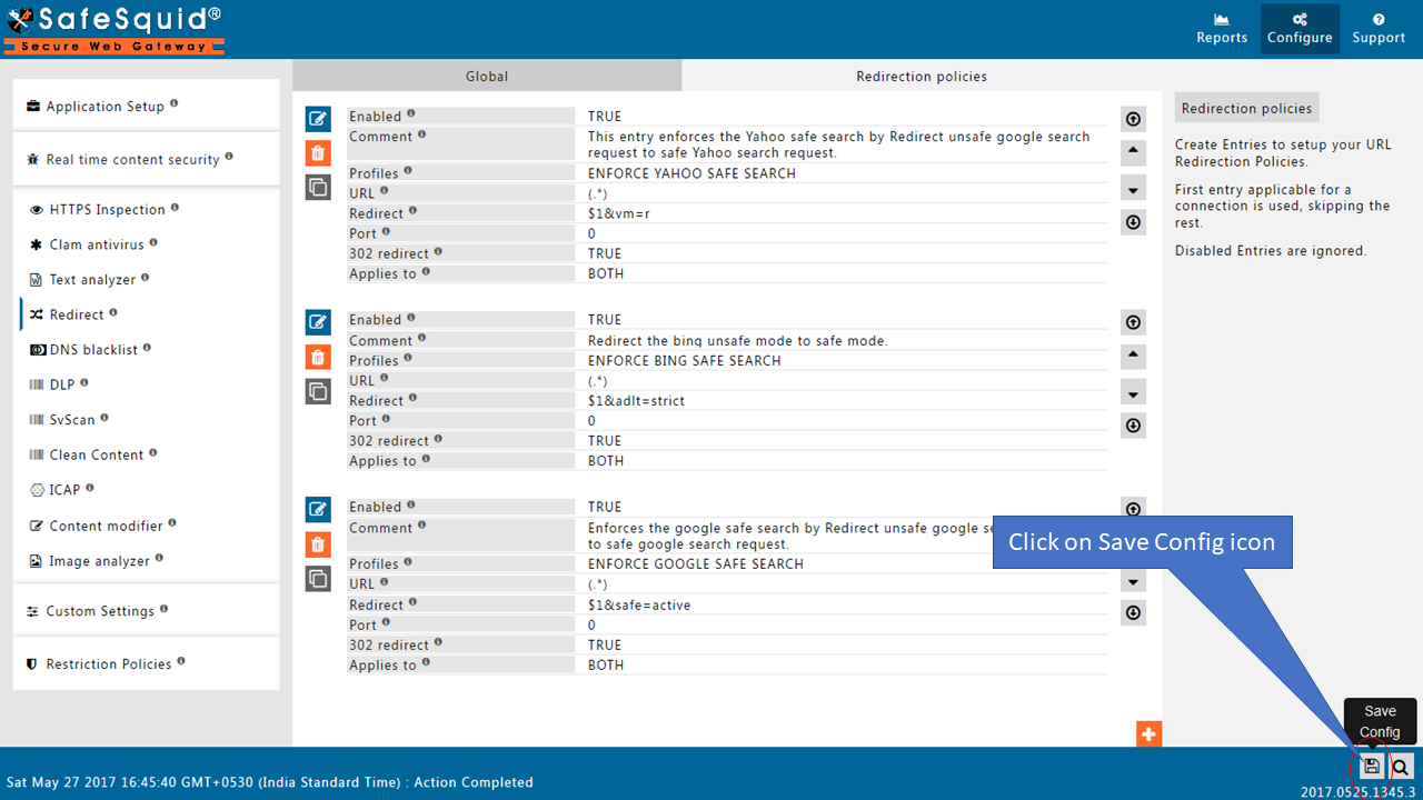 saving the configuration by clicking on save config