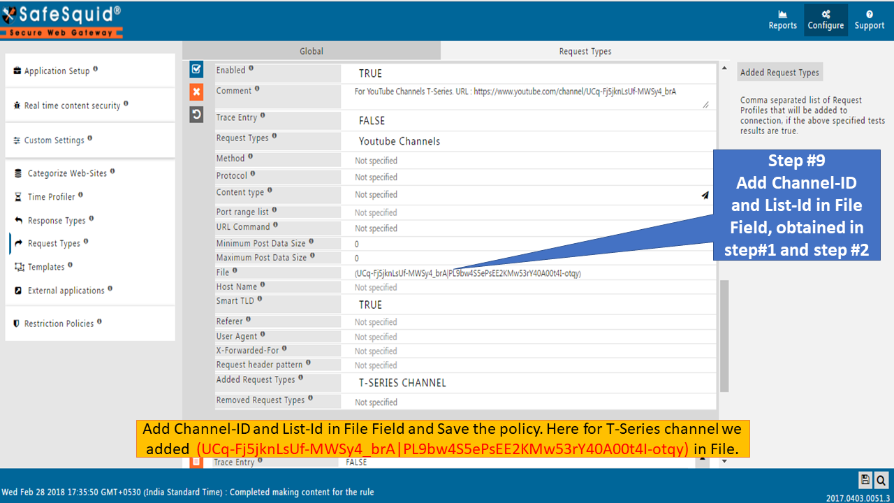 Add and save channel ID and List ID in policy to block specific youtube channel