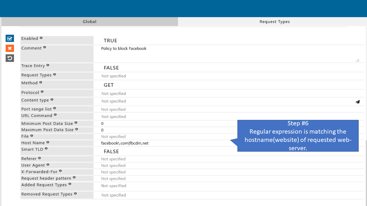 Enter hostname in newly added policy that allow only specific page of Facebook