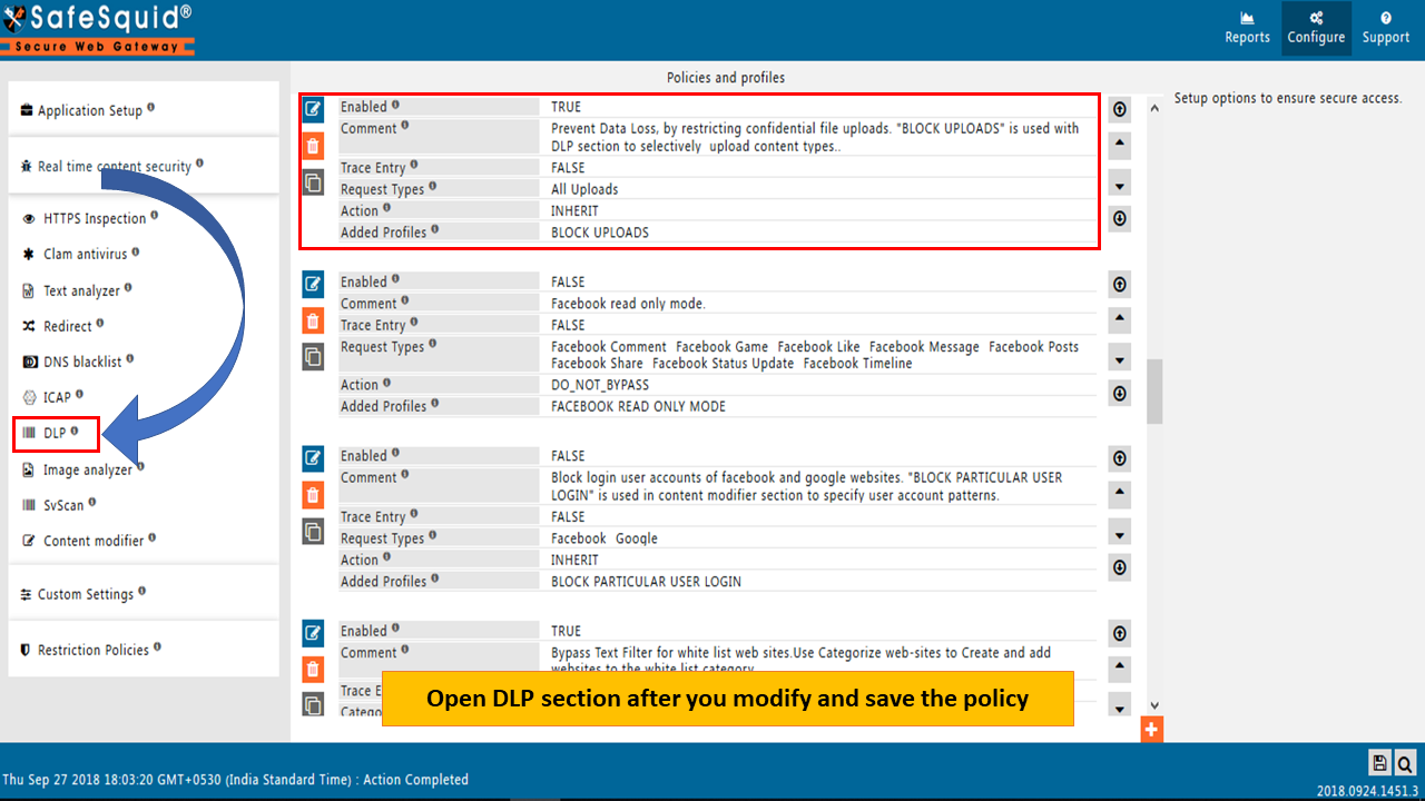 opening DLP section after the modifying of default policy 