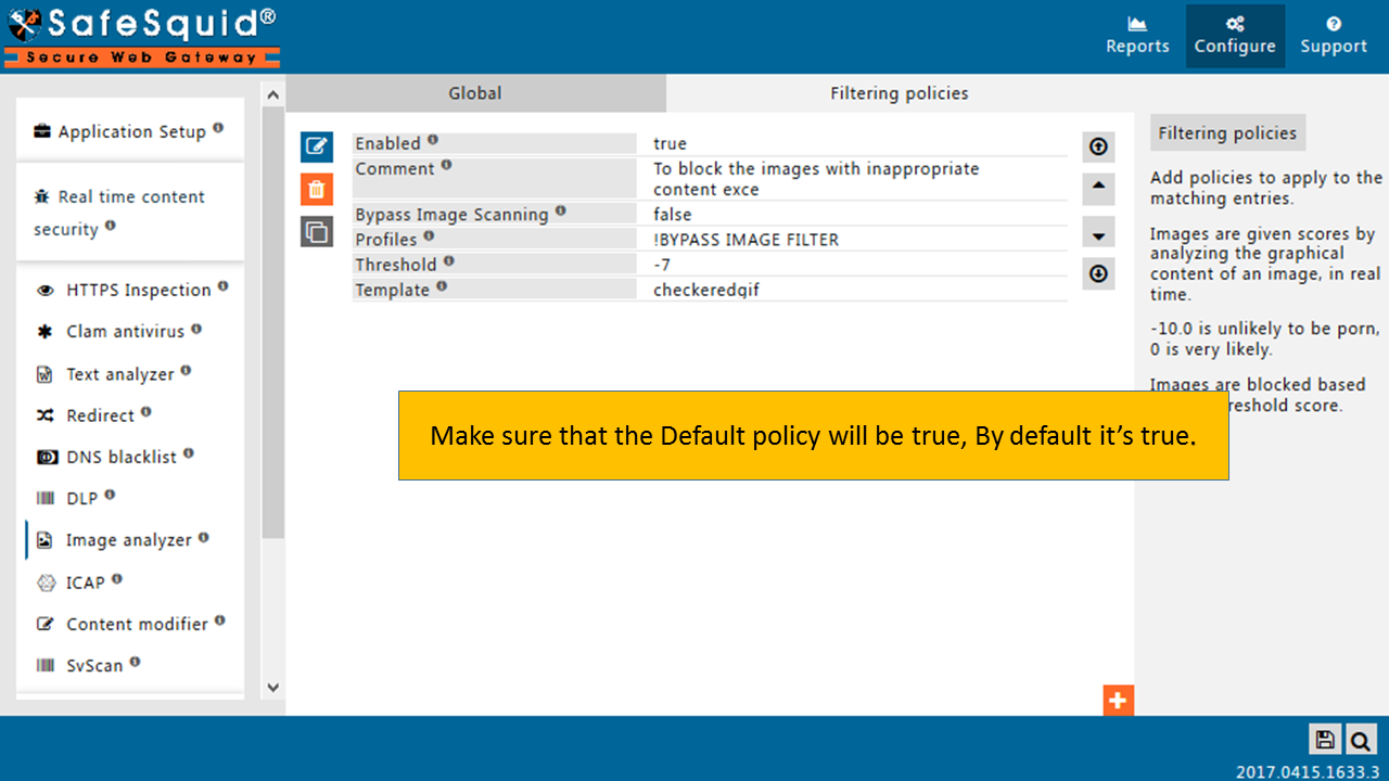 Verify default policy true to block inappropriate images by using Image Analyzer