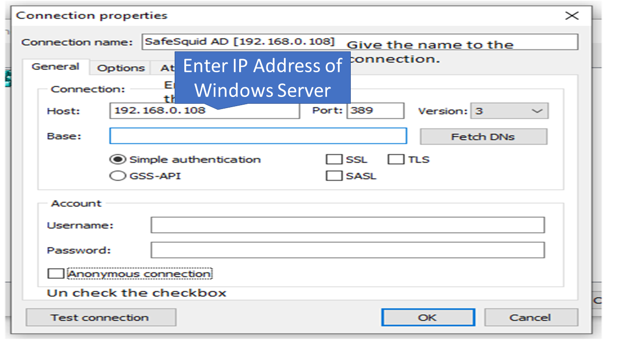 entering the IP address of the windows server 