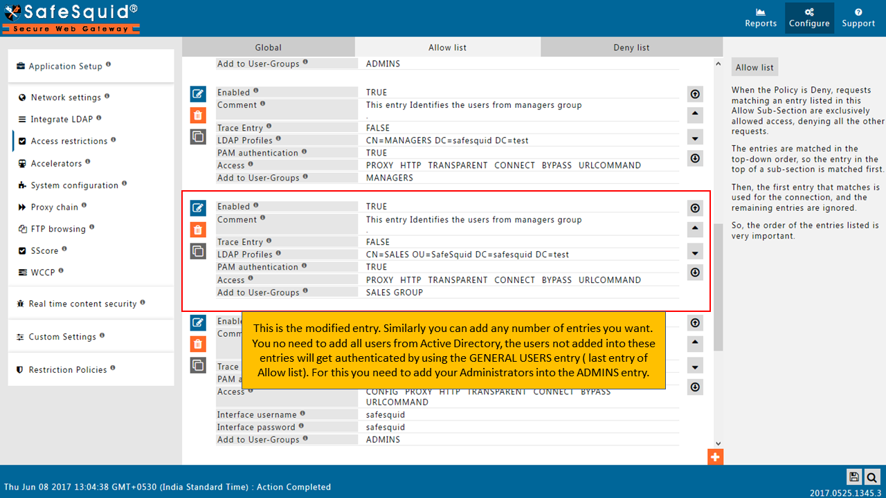 Modify Entry in allow list to define user group that correspond to role based groups in LDAP