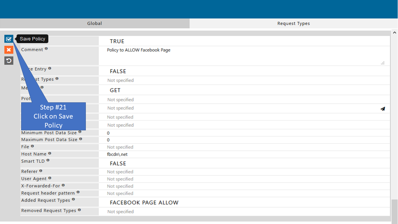 Save policy that allow only specific page of Facebook