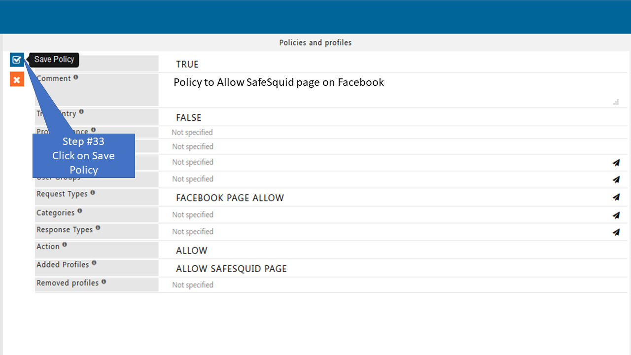 Save policy that allow only that allow only specific page of Facebook 