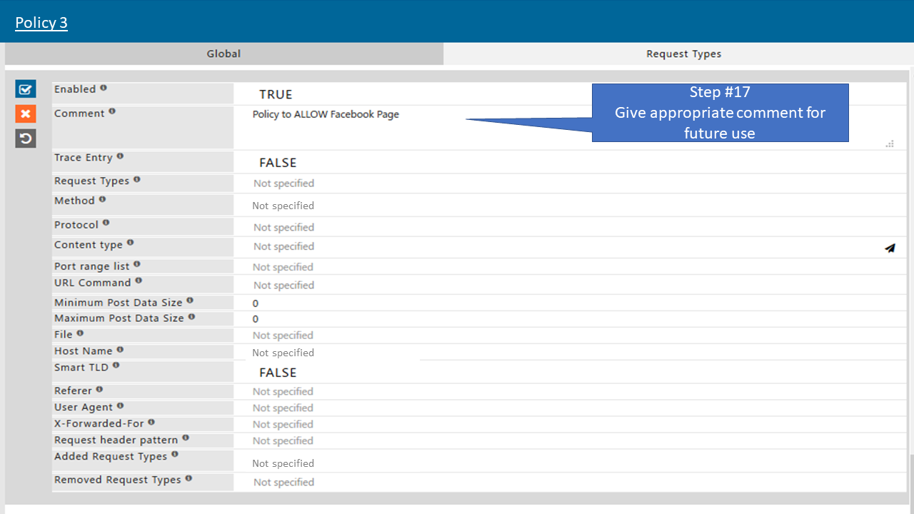 Give appropriate comment for future use in policy that allow only specific page of Facebook