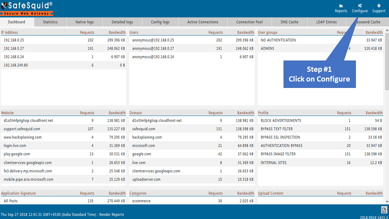 clicking on configure in SafeSquid interface